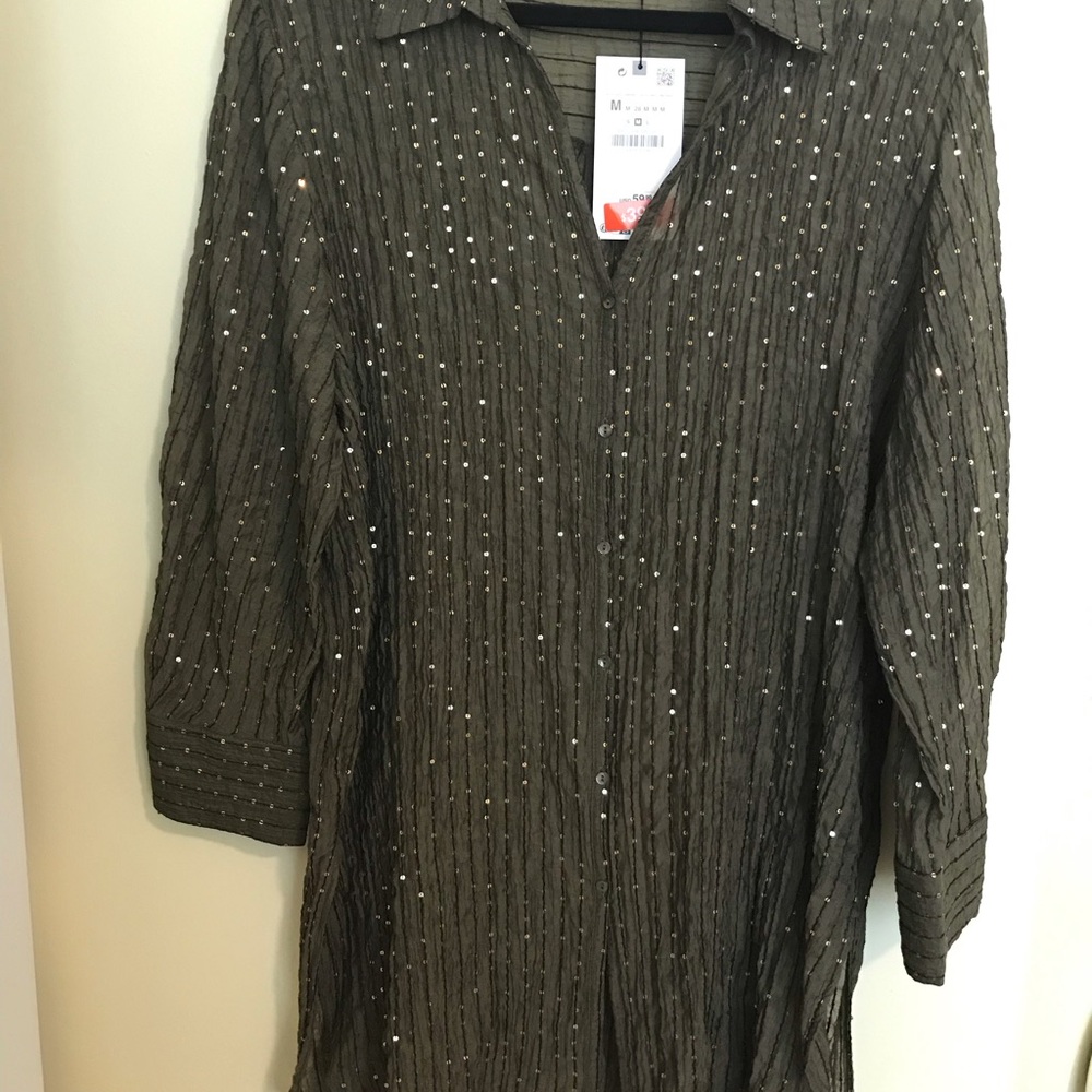 Zara Olive Sequin Button-Up Blouse